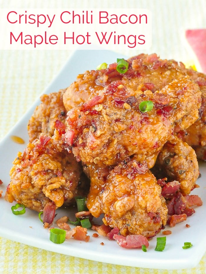 Crispy Chili Bacon Maple Hot Wings recipe with title text for Pinterest