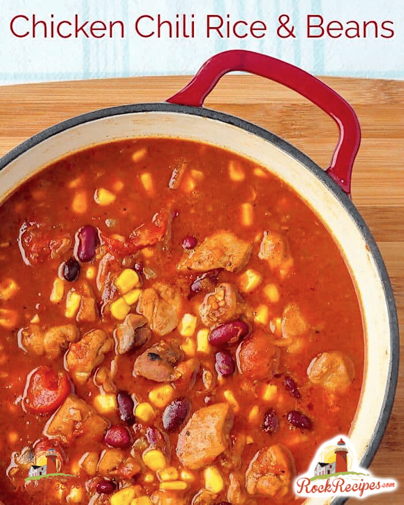 Chicken Chili Rice and Beans image with title text added for social media posting.