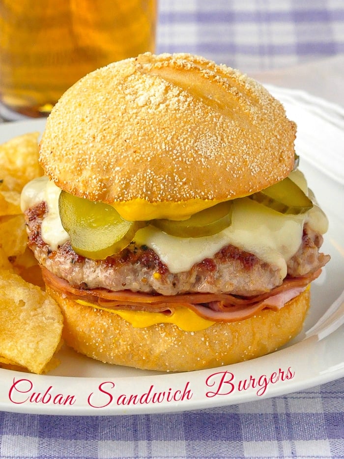 Cuban Sandwich Burger photo with title text added on edge of plate for Pinterest