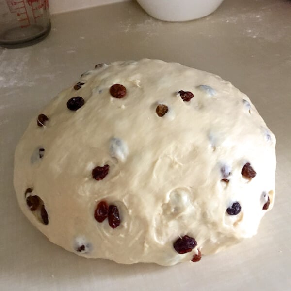 Newfoundland Raisin Bread dough relaxing on the countertop.