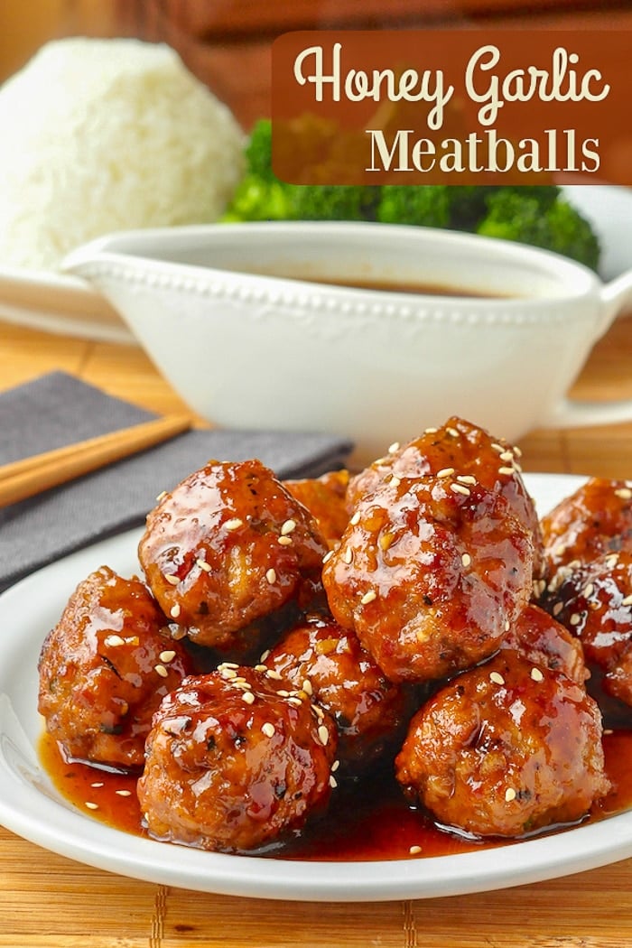 Honey Garlic Meatballs photo with title text for Pinterest