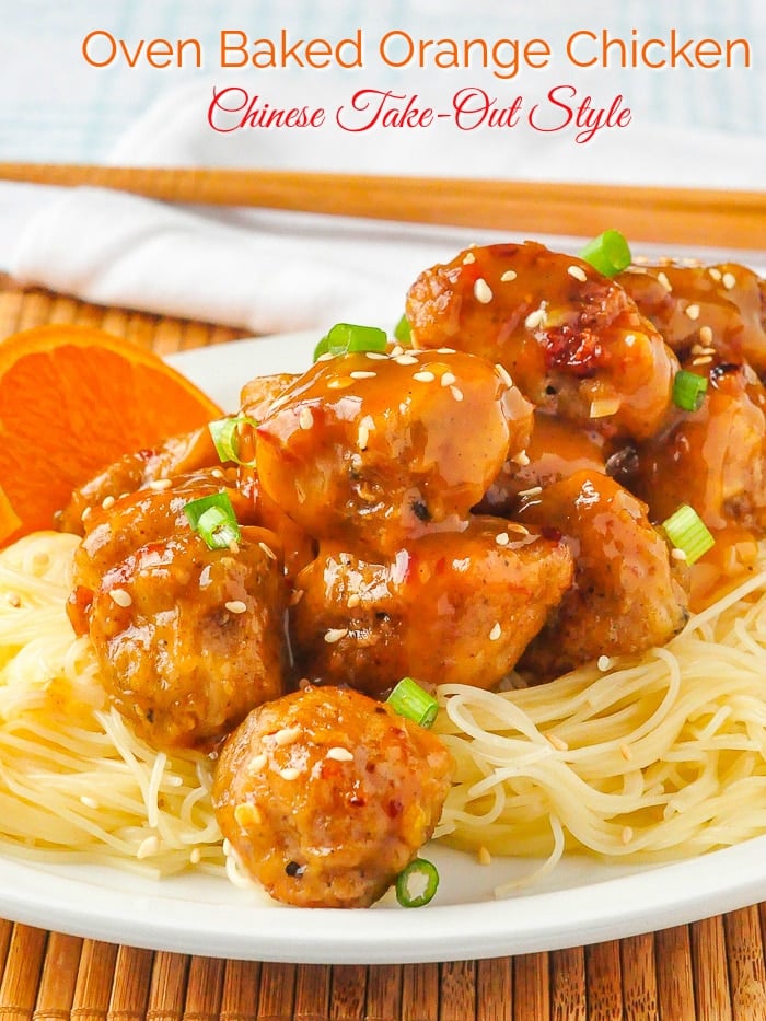 Orange Chicken close up photo on noodles with title text added for Pinterest