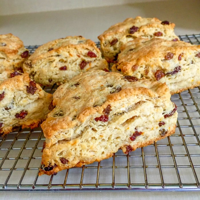 Orange Raisin Scones fresh from the oven cooling on a wire rack