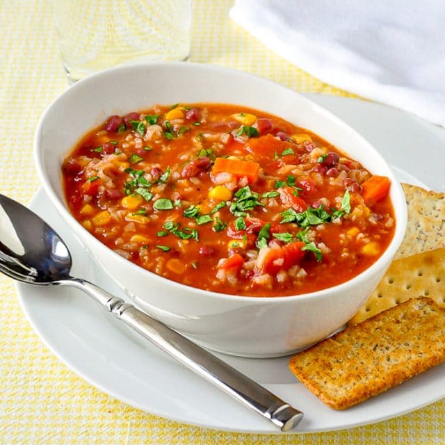 Dirty Rice and Beans Soup a flavourful vegetarian soup idea.