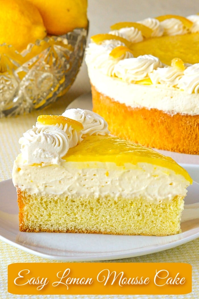 Lemon Mousse Cake photo of a single slice with title text added for Pinterest