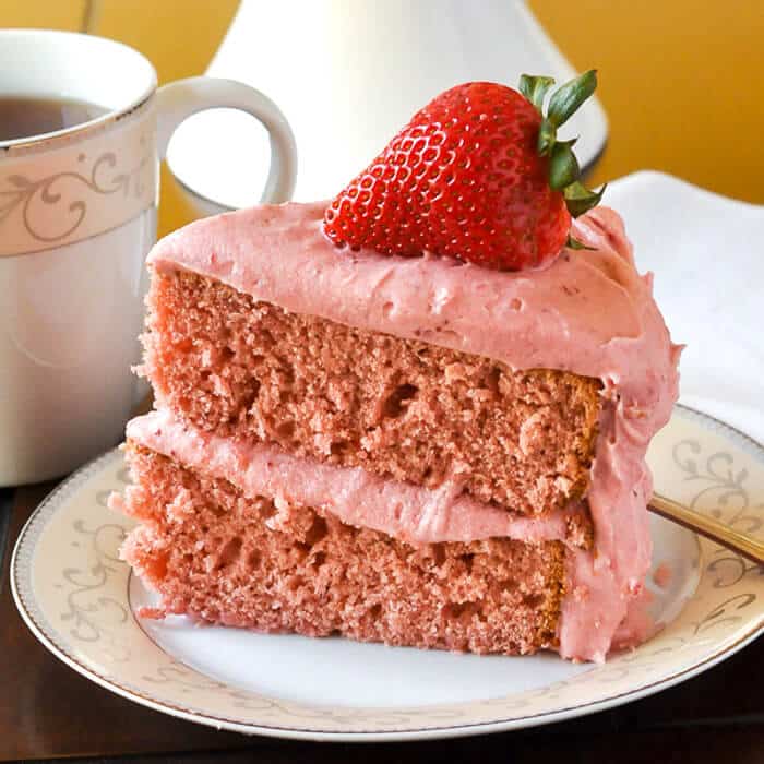 Strawberry Cake no artificial colour or flavour, photo of cut slice.