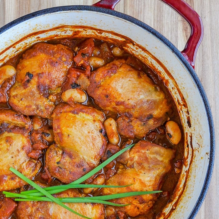 Chicken Braised in Fire Roasted Tomato Sauce close up photo of finished recipe in dutch oven