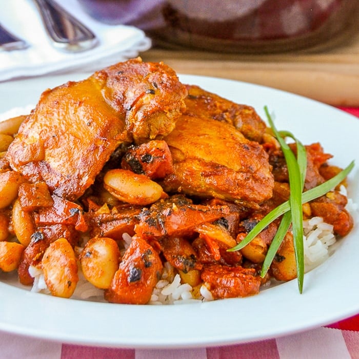 Chicken Braised in Fire Roasted Tomato Sauce photo of single serving on a white plate