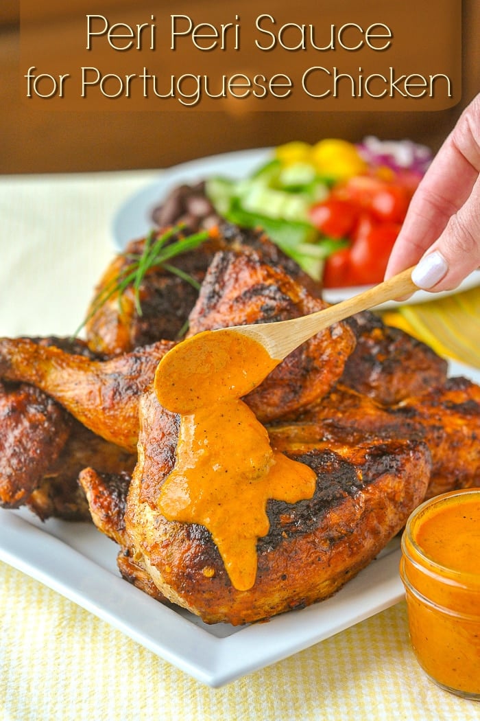 Peri Peri Sauce on Portuguese Chicken photo with title text added for Pinterest