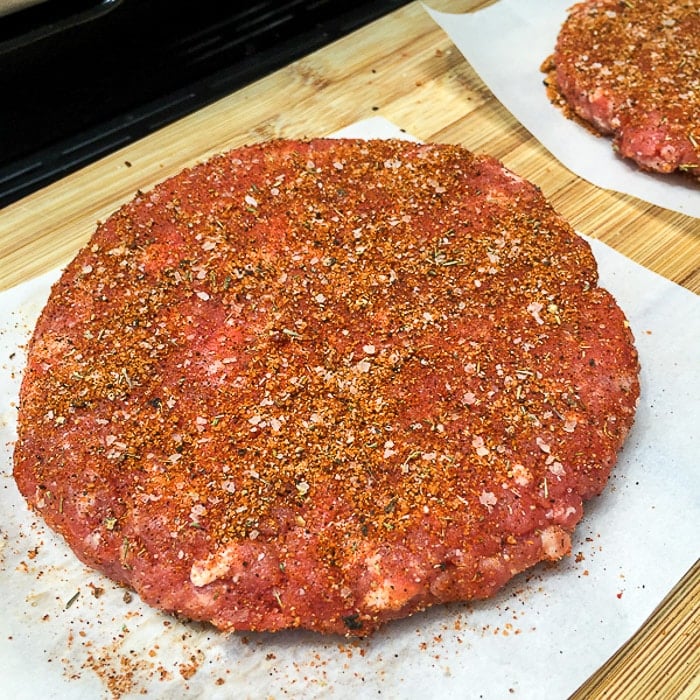 Barbecue Spice Burgers single patty showing even dispersal of kosher salt