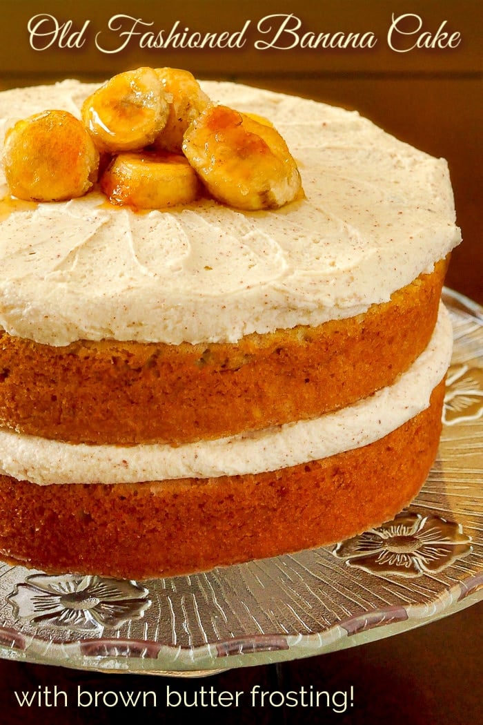 Photo of uncut banana cake with title text added for Pinterest