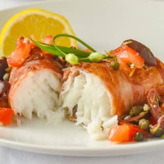 Prosciutto wrapped cod close up photo for featured image