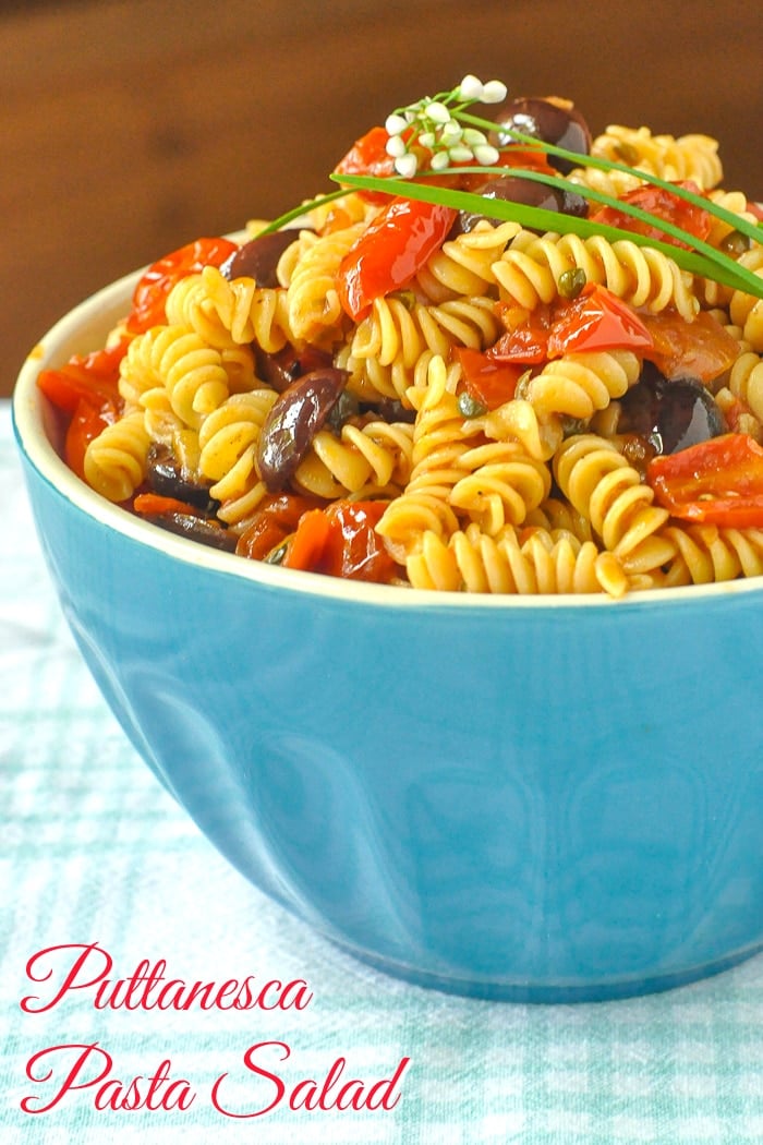 Puttanesca Pasta Salad photo with title text added for Pinterest