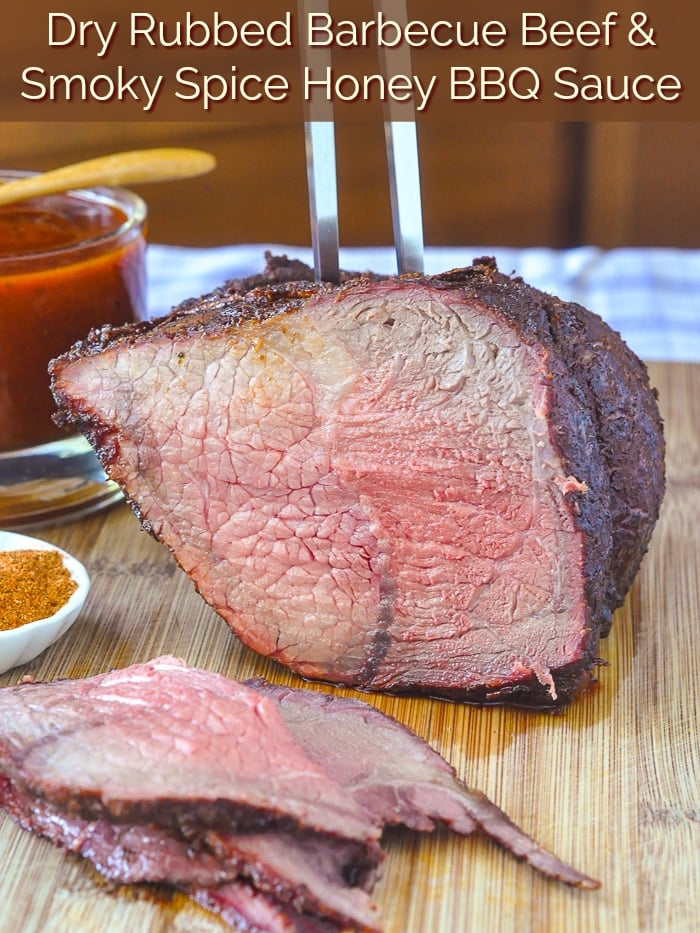 Smoky Spice Honey Barbecue Sauce pictured with rare beef roast with title text added for Pinterest