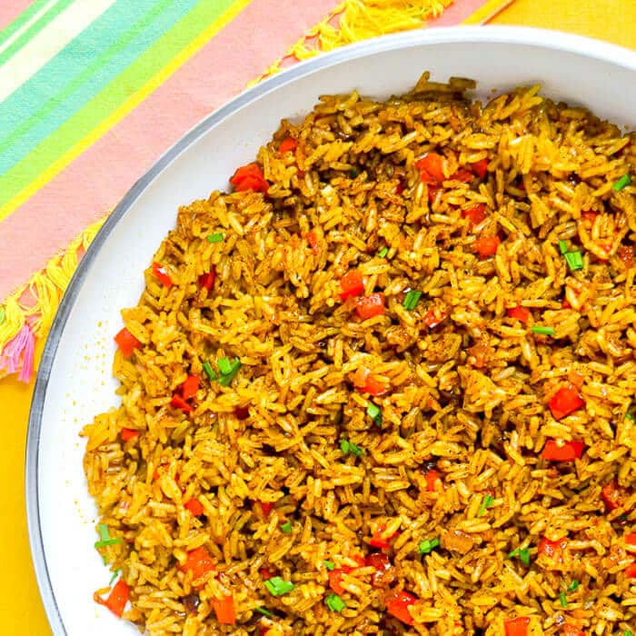 Spicy Turmeric Fried Rice close up photo in a frying pan