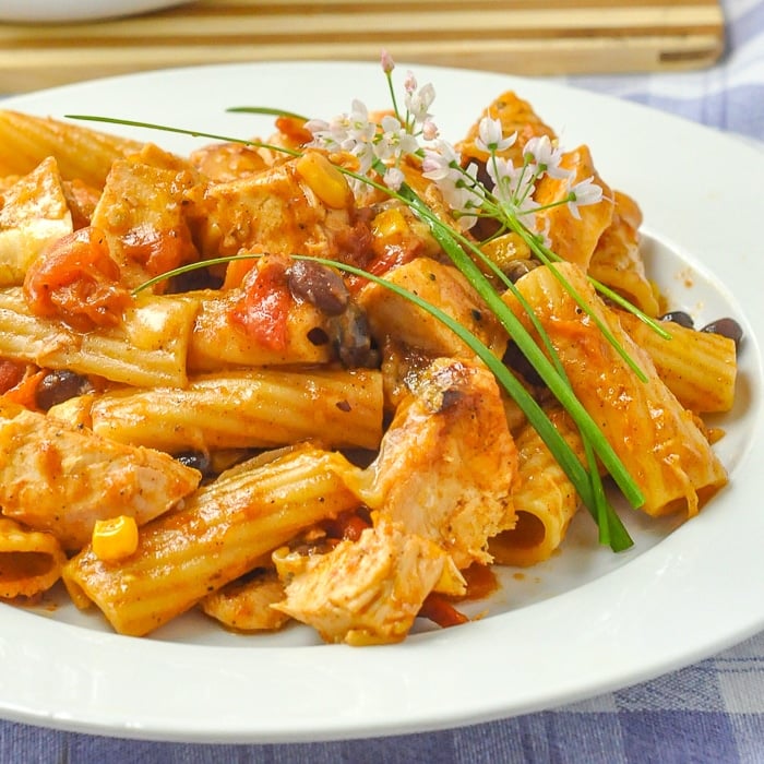 BBQ Chicken Pasta Bake close up phot of a singe serving on a white plate