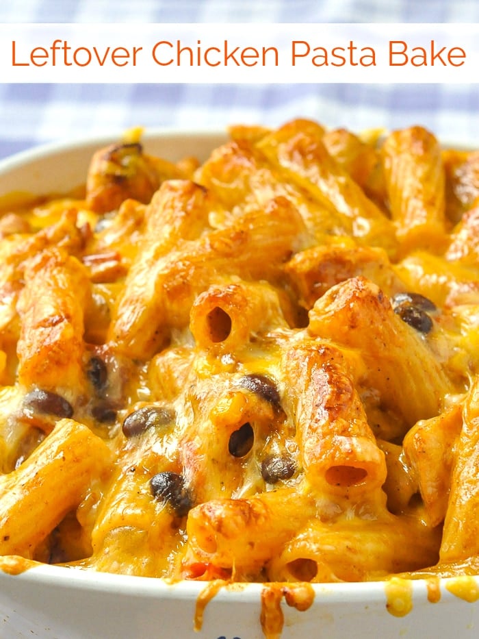 BBQ Chicken Pasta Bake photo of completed dish with title text added for Pinterest