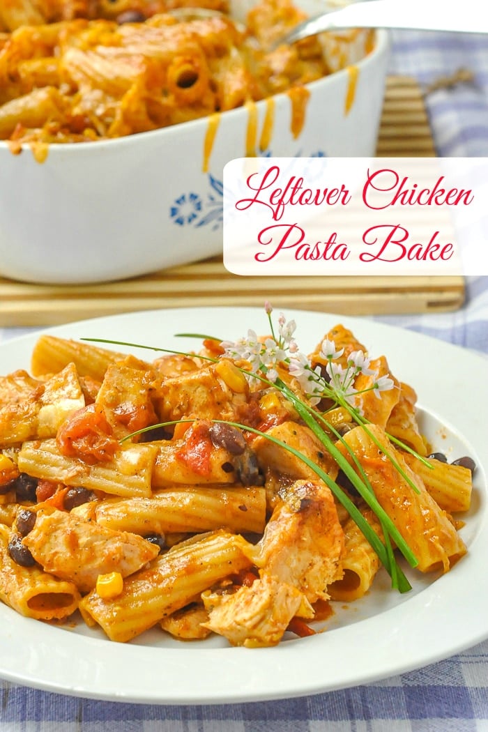 BBQ Chicken Pasta Bake photo of one serving with title text added for Pinterest