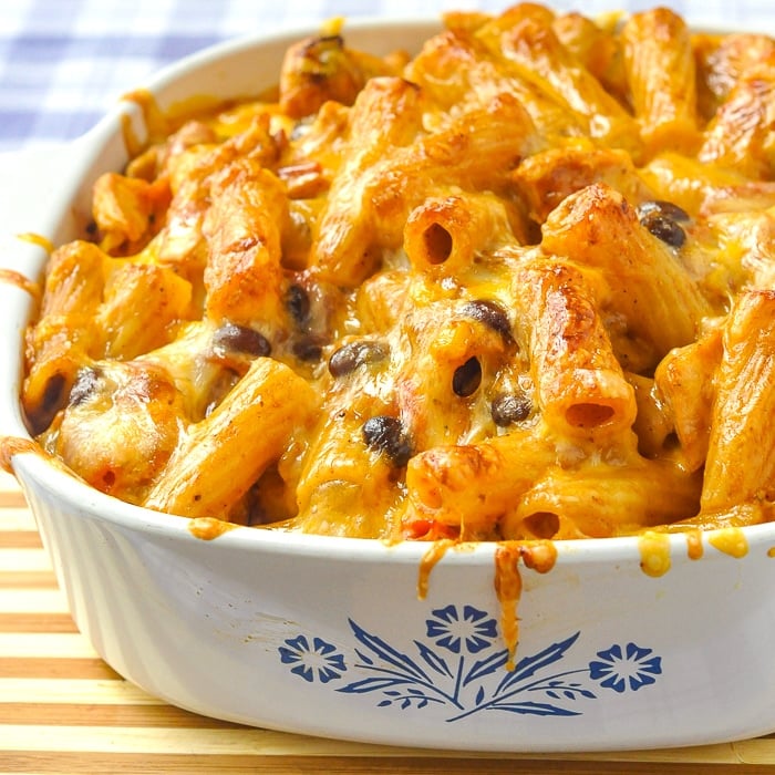 BBQ Chicken Pasta Bake photo of the finished pasta bake in a Corningware casserole dish