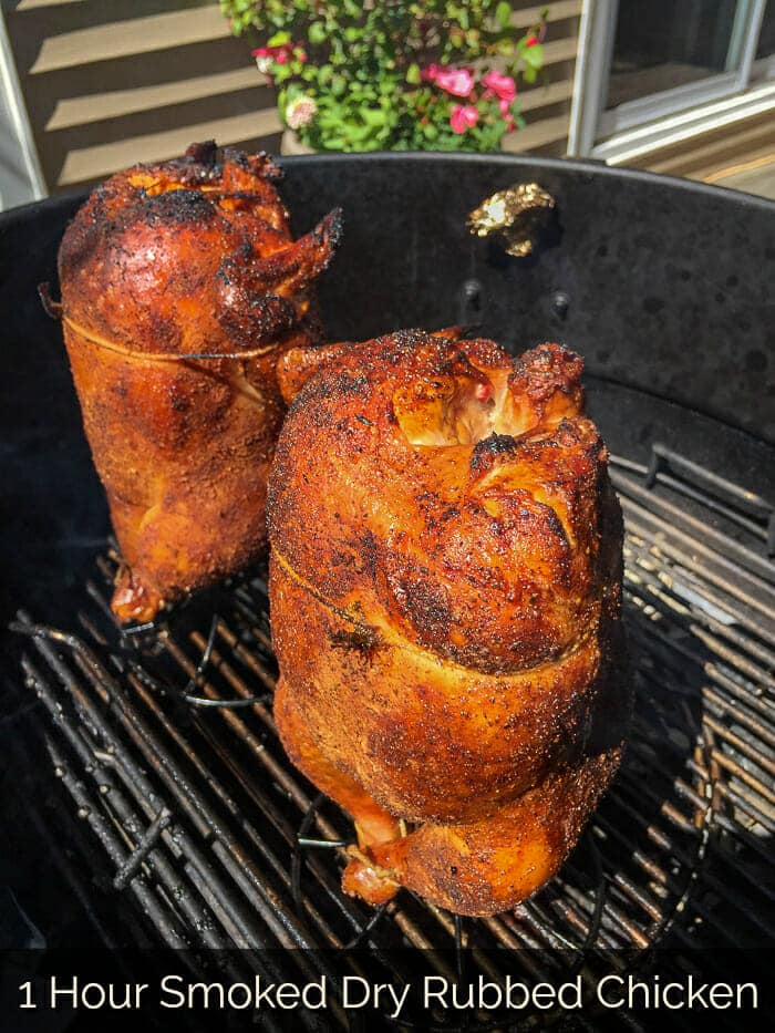 One Hour Beer Butt Chicken. It only takes an hour at high heat to infuse flavour into the dry rubbed chicken, while giving it a little tasty char on the skin and yielding a juicy, succulent result. #BBQ #smoker #grilling #summer