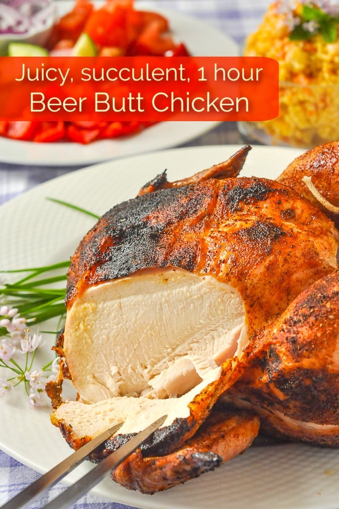 Beer Butt Chicken photo of chicken being carved with title text added for Pinterest