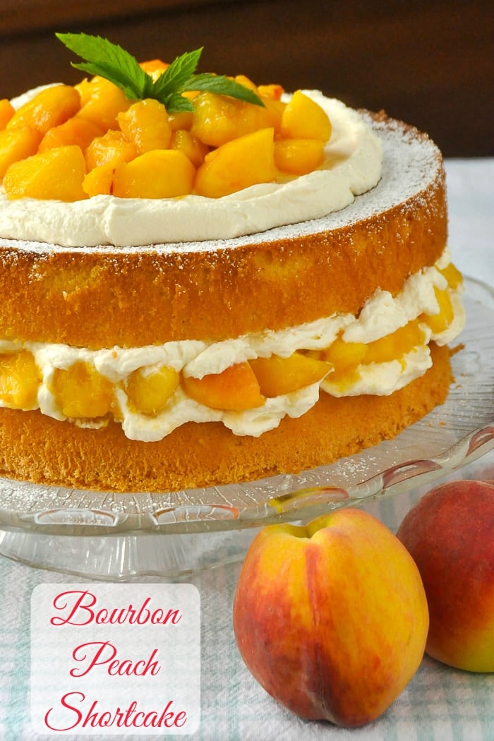 Bourbon Peach Shortcake photo of uncut cake with title text added for Pinterest