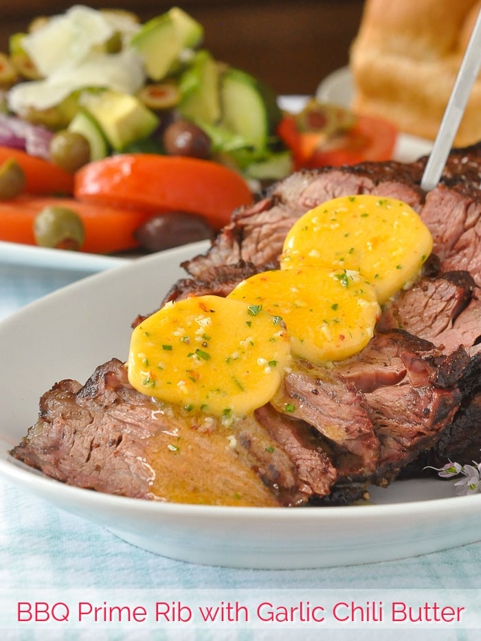 BBQ Prime Rib with Garlic Chili Butter close up image with title text added for Pinterest