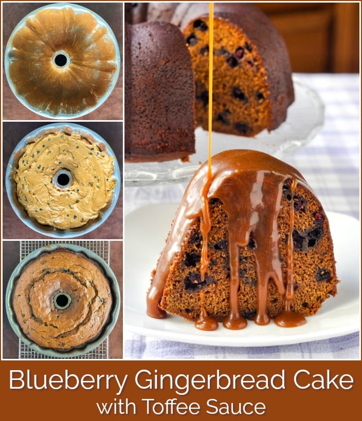 Blueberry Gingerbread Cake with Toffee Sauce photo collage with title text added for Pinterest