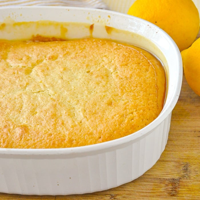 Close up of uncut fully baked Lemon Pudding Cake