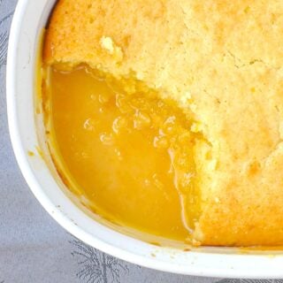 Close up overhead shot of Lemon Pudding Cake