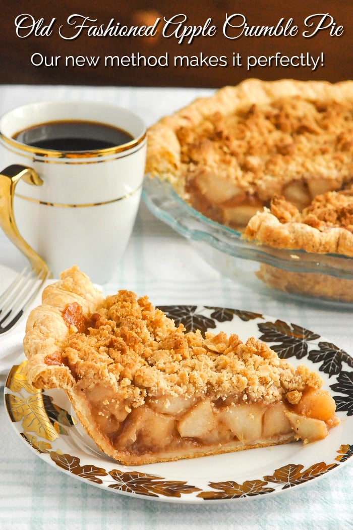 Deep Dish Apple Crumble Pie photo of a single cut slice with title Text Added for Pinterest