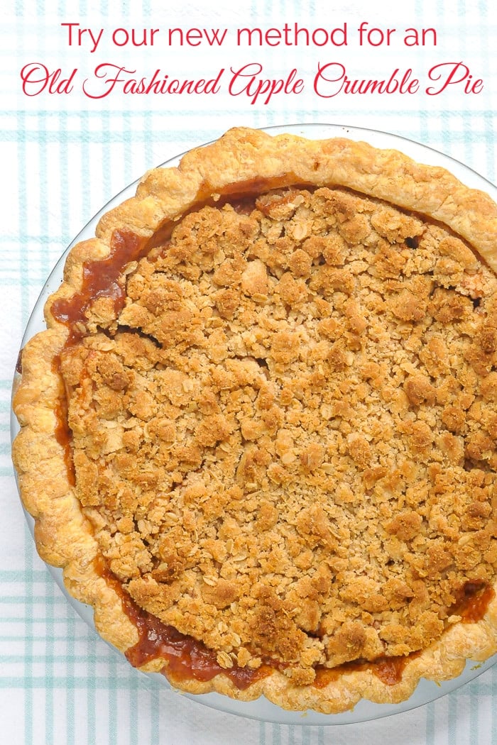 Deep Dish Apple Crumble Pie photo of uncut pie with title text added for Pintertest