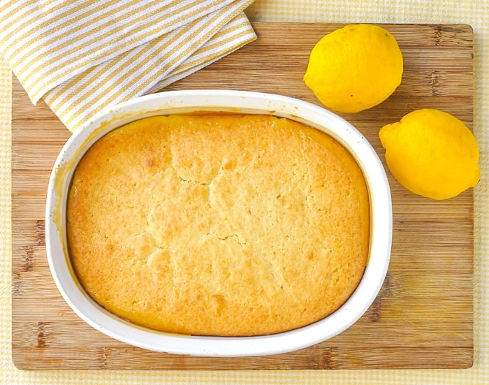 Overhead photo of fully baked Lemon Pudding Cake