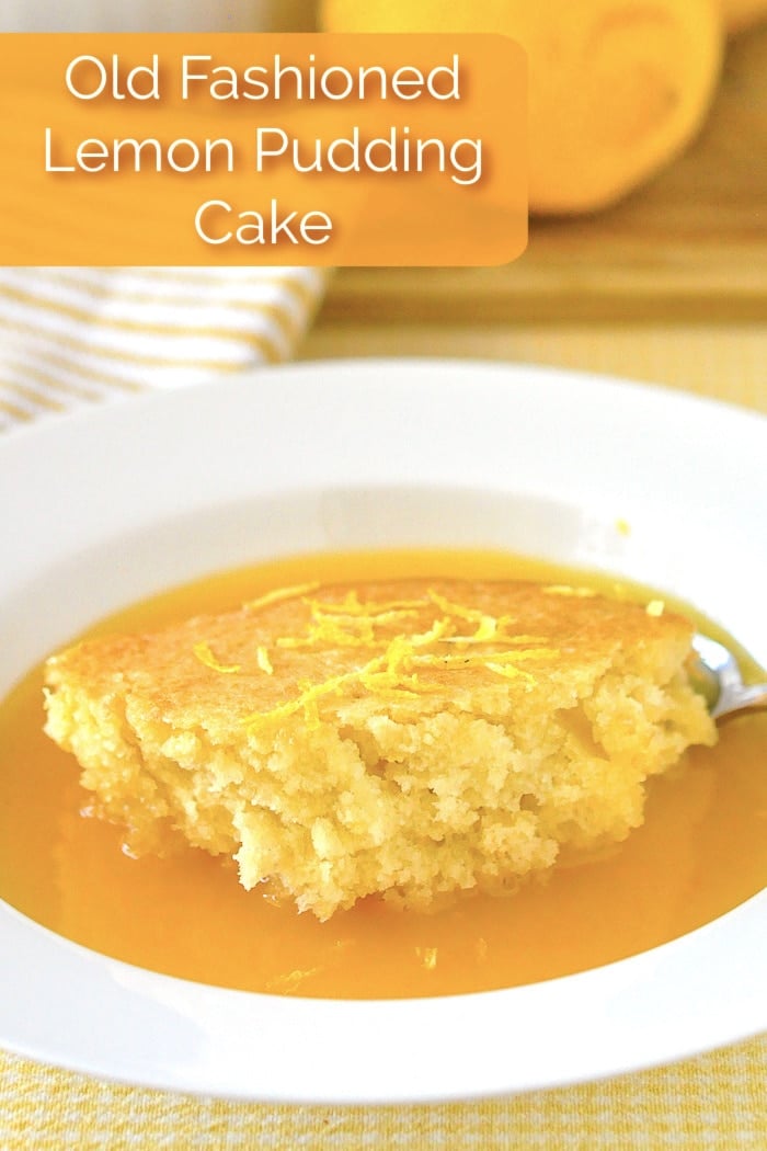 Photo of a single serving of Lemon Pudding Cake with title text added for Pinterest