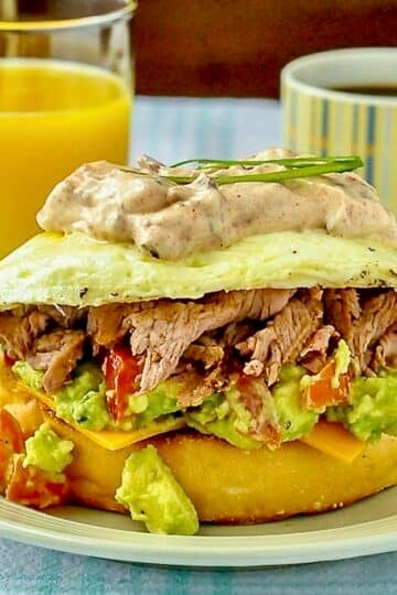 Steak and Eggs Breakfast Sandwich close up photo