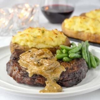 Bourbon Mushroom Sauce on Grilled Rib Eye Steak