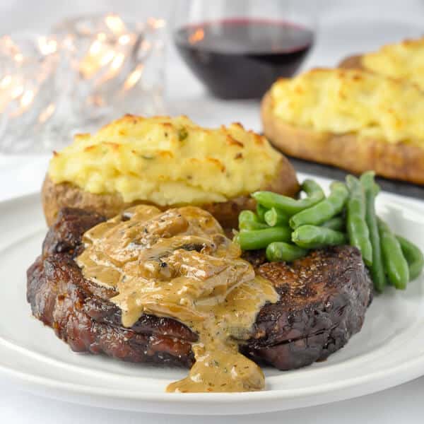 Bourbon Mushroom Sauce on Grilled Rib Eye Steak