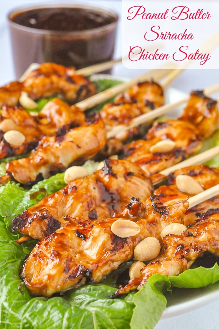 Peanut Butter Sriracha Chicken Satay photo with title text for Pinterest