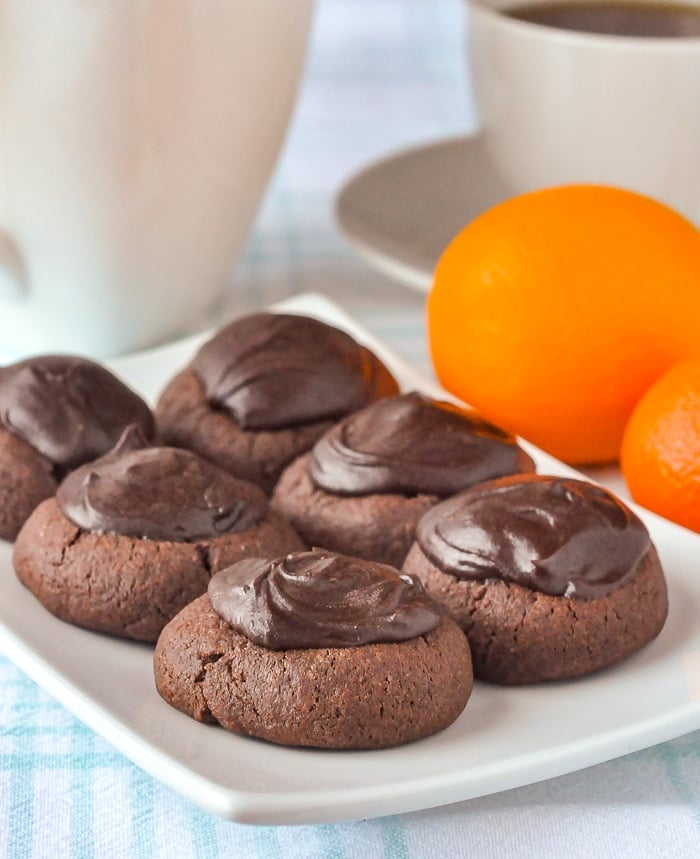 Chocolate Orange Thumbprint Cookies on a white serving plate