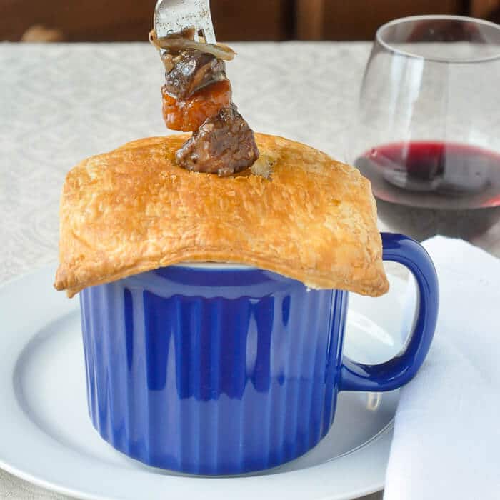 Easy Beef Bourguignonne Pot Pie in Corningware Meal Mugs