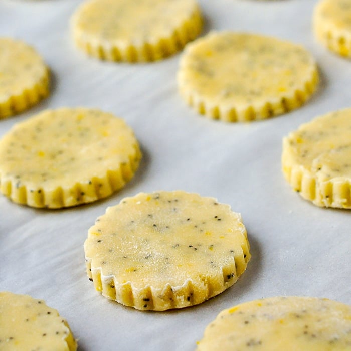 Lemon Poppy Sees Shortbread Cookies on cookie sheet ready for the oven.