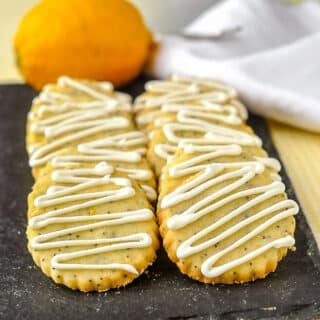 Lemon Poppy Seed Shortbread Cookies shown on serving platter