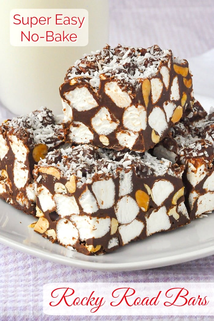 Peanut Butter Rocky Road Bars photo of stacked cookie bars with title text added for Pinterest