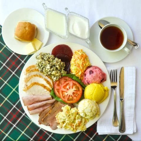 Newfoundland Cold Plate on tartan and white tablecloth.