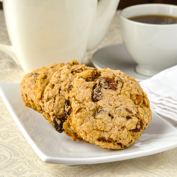 Pecan Raisin Oatcakes with coffee service in the background