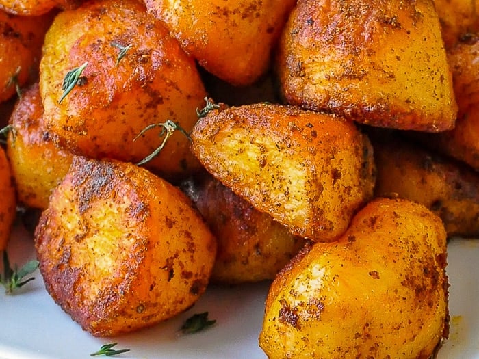 Smoked Paprika Roasted Potatoes extreme close up photo showing crispy potato edges
