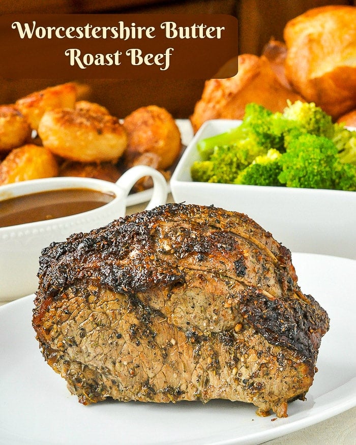 Worcestershire Butter Roast Beef photo with title text for Pinterest