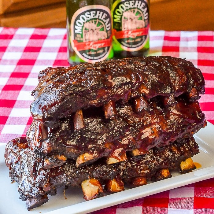 Slow Cooker Barbecue Ribs, image of half racks, cooked and stacked