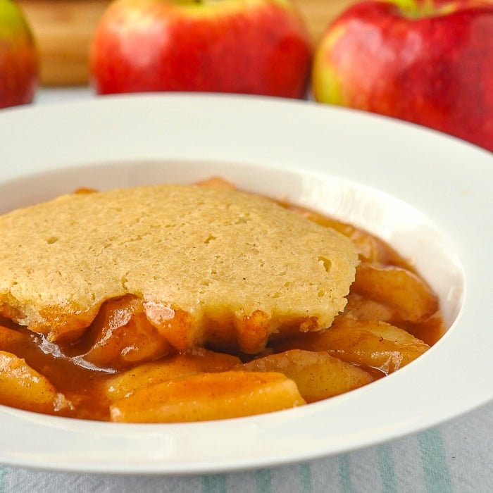 Apple Cobbler close up photo of a single serving in a white bowl