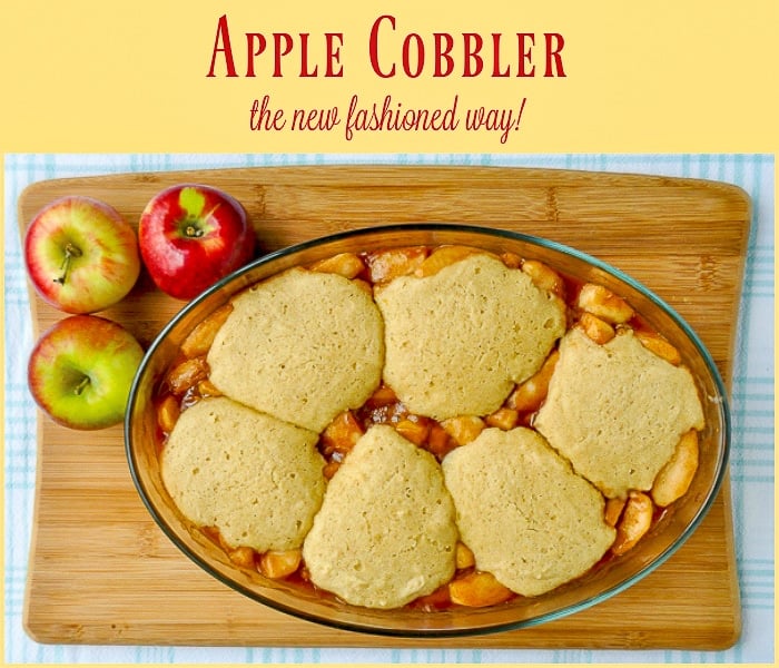 Apple Cobbler overhead shot just out of the oven with title text added